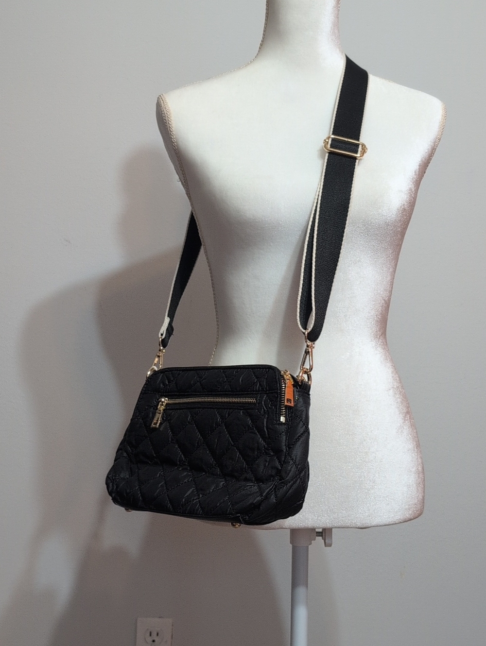 Quilted Black Crossbody Bag with Gold Accents